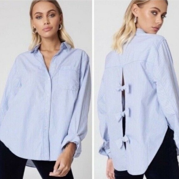 NWT Free People Tie It In A Bow Oversized Striped Button Down Shirt XS - Picture 2 of 13